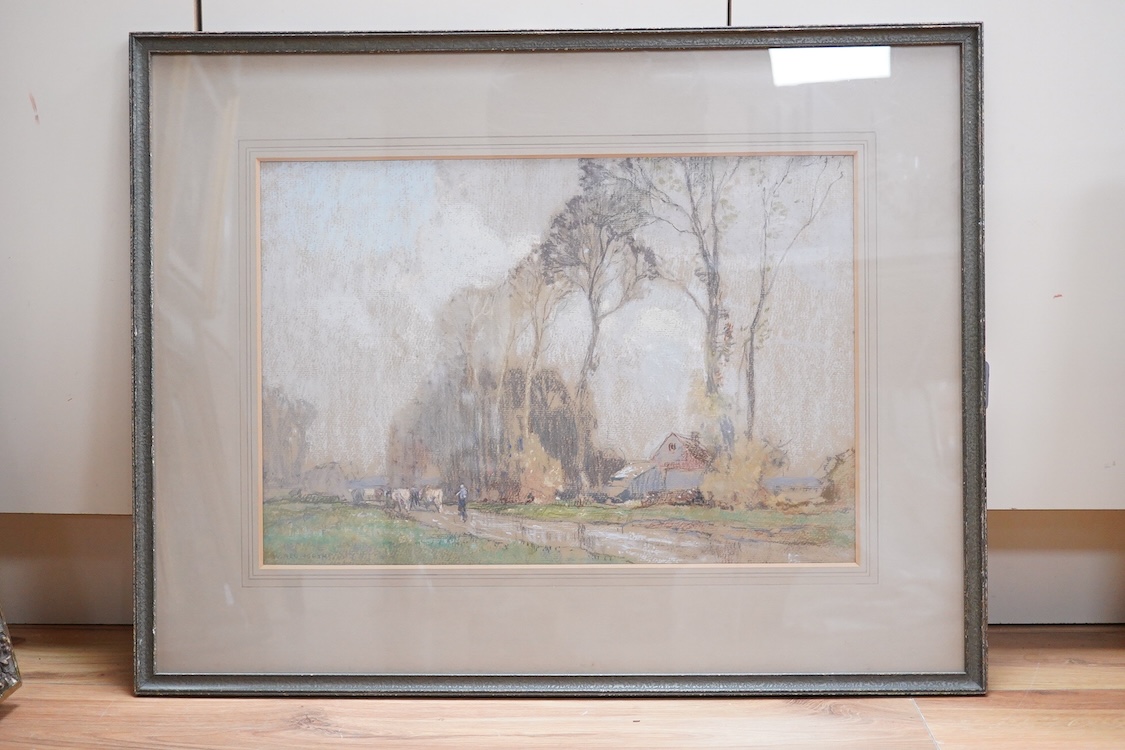William Redworth (1873-1947), River Valley and Farm scene with figures herding cattle, each signed, two pastels, largest 37 x 56cm